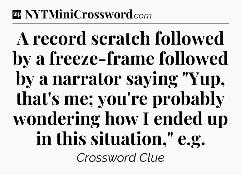 A record scratch followed by a freeze-frame followed by a narrator saying 